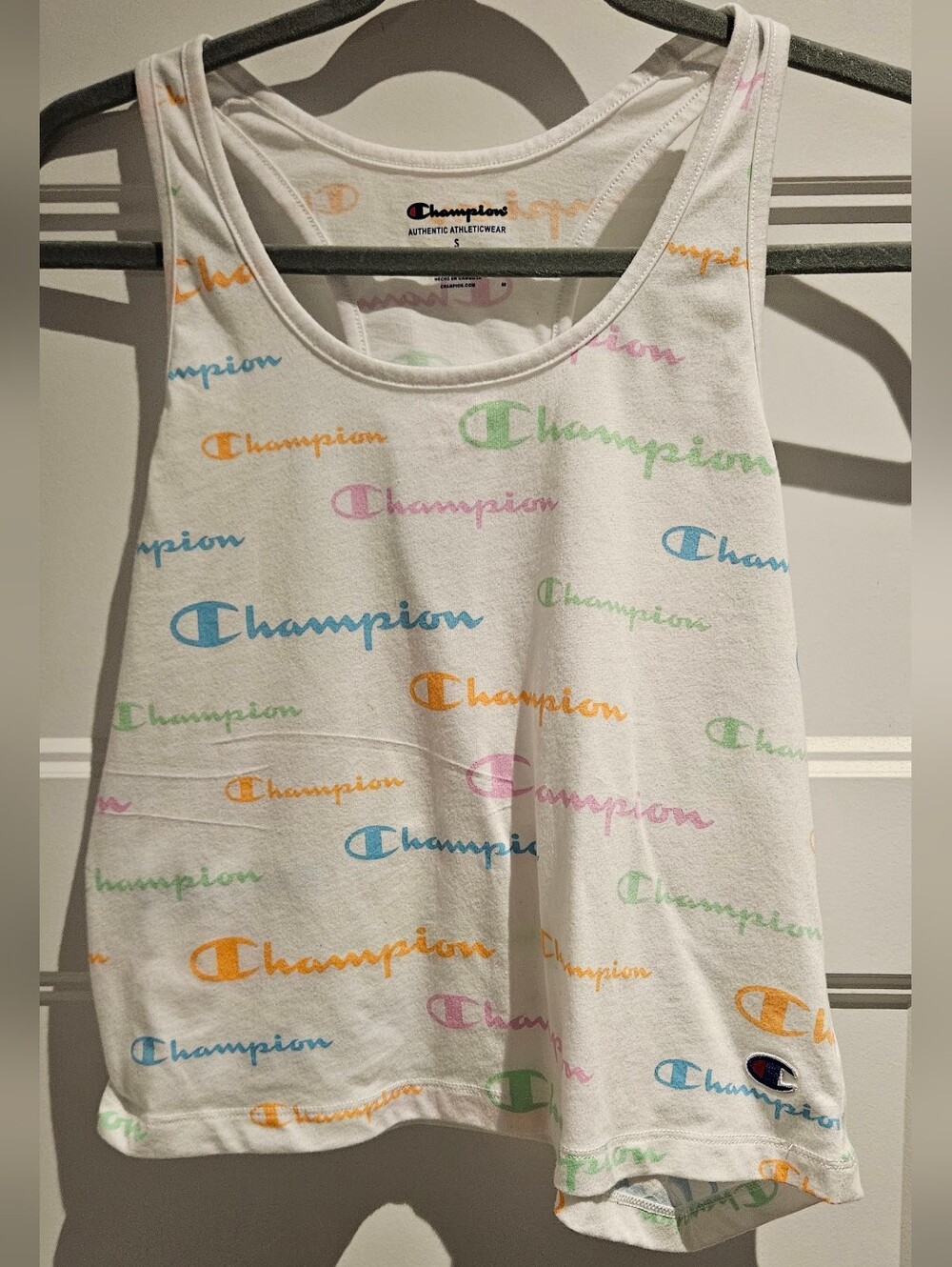 💜2/$20💜Champion White Tank Top with Multicolor Logo Print